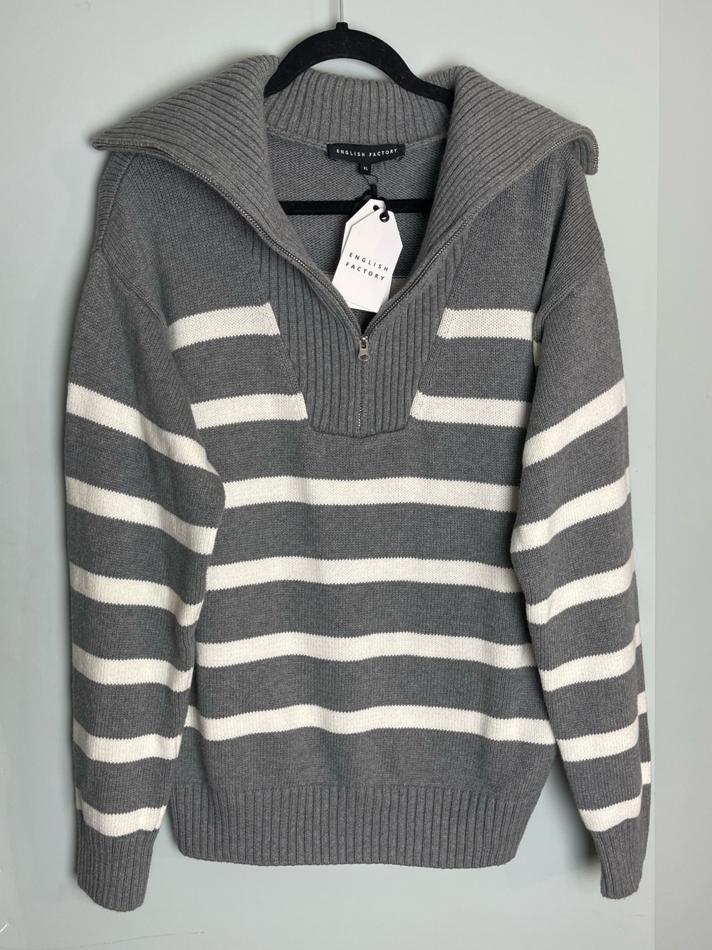 English Factory Gray and White Striped Half-Zip Sweater
